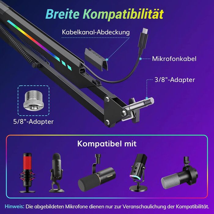 Кріплення для мікрофона TONOR T90 з RGB підсвічуванням, регульоване через APP, 11 режимів світла, сумісне з усіма мікрофонами