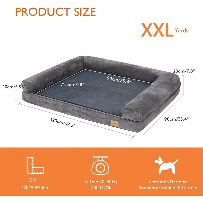 Orthopedic Dog Bed XL 100x75 cm: Dog Sofa for Large/Medium Dogs, Ergonomic Dog Beds with Rim, 2 in 1 Detachable Washable Non-Slip Dog Mattress (XXL: 120x90x20 cm)