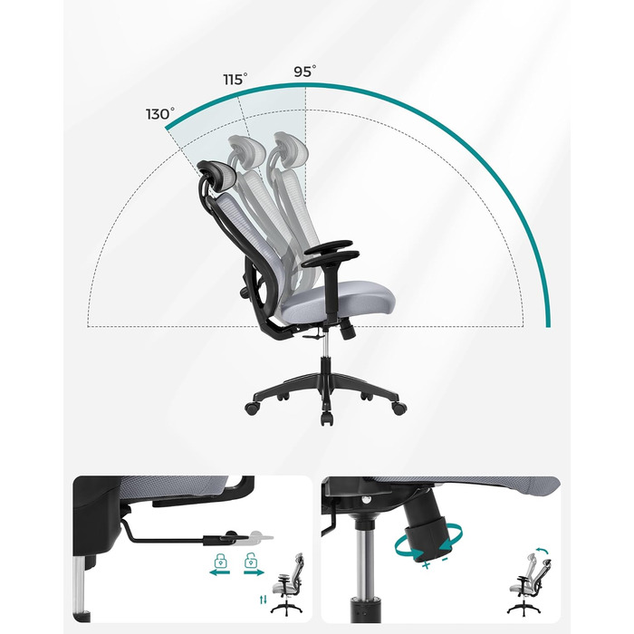 Офісний стіл SONGMICS: ергономічне крісло з регульованою поперековою та підголовною підтримкою, до 150 кг, регульована висота, сірий