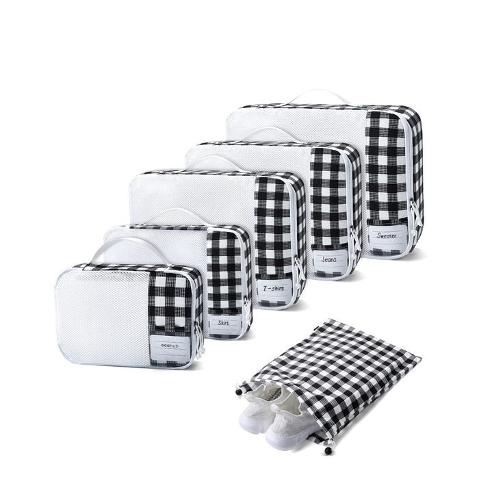 Органайзер для валізи ECOHUB, набір 6 шт. з ID-міткою, екологічні валізи для подорожей, легкі дорожні сумки, дихаючий рюкзак-органайзер, патент на корисну модель (зелений) (чорно-білий)