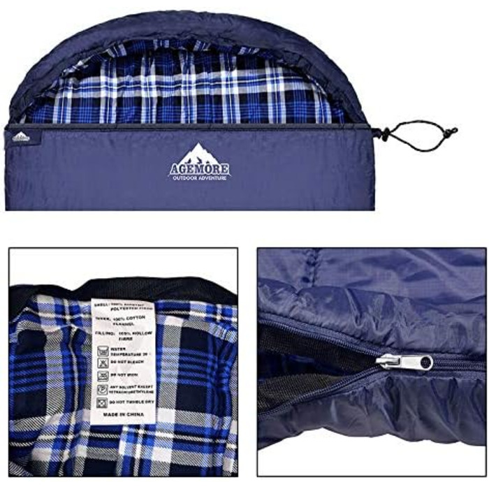 Adult Cotton Flannel Sleeping Bag - Camping, Hiking, Travel - Lightweight 3-4 Season Sleeping Bag (Blue/Blue)