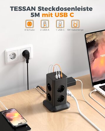 Блок розеток TESSAN із захистом від перенапруги 3600W 16A, 8 розеток + USB-C, подовжувач 2м, сірий, 1 USB-C (сірий&білий)