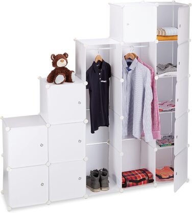 Relaxdays Clothes Rack System with 2 Clothes Rails, Wardrobe with 14 Compartments, Plastic Shelf System (White)