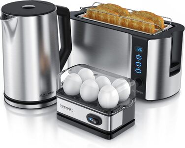Набір Arendo: чайник, тостер та яйцеварка, нержавіюча сталь, сірий, 1.5л, 40-100°C, 4 тости, LED-дисплей, 6 рівнів підсмажування, на 1-6 яєць