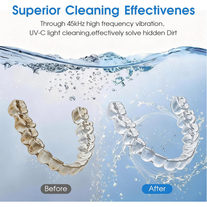 Ультразвуковий очищувач 45000 Гц з УФ-дезінфекцією 220 мл для зубних протезів, брекетів, ювелірних виробів - білий