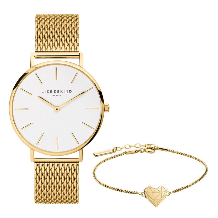 Liebeskind Berlin: Подарунковий набір для жінок – годинник та прикраси. Елегантний та модний подарунок на День народження та День святого Валентина. Годинник + браслет Broken Heart / Золото