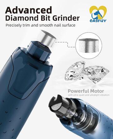 Електричний точилка для кігтів собак Casfuy - 6 режимів, 45 дБ, з LED-підсвіткою, для великих, середніх та малих порід, з захистом від пилу (білий/блакитний)