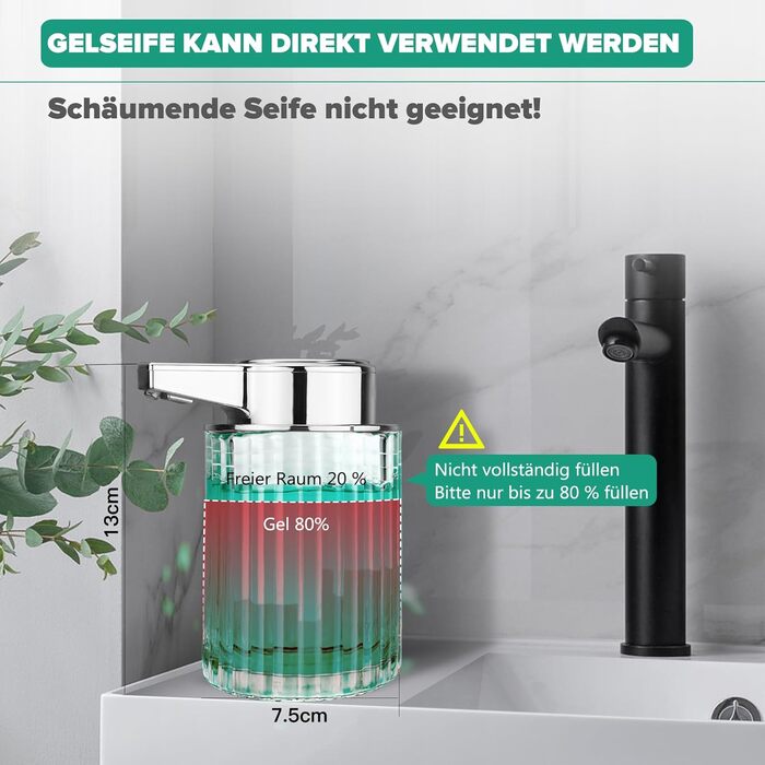 Phneems Automatic Soap Dispenser Glass Electric Soap Dispenser With Sensor 3 Adjustable Levels Soap Dispenser Automatic Dish Soap Dispenser USB Charging IPX5 Waterproof FOR Bathroom Kitchen Gel