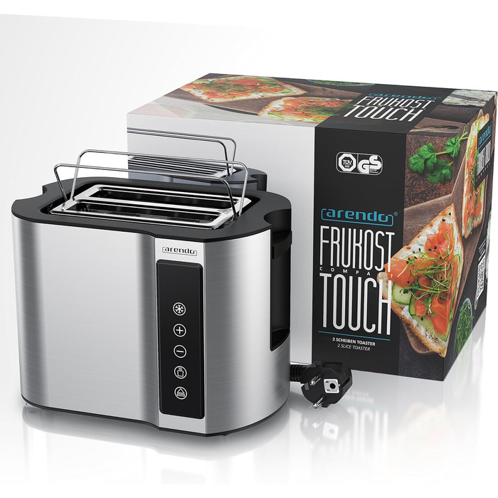 Arendo - 2-Slice Stainless Steel Toaster - Touch Panel - Digital Display with Remaining Time - 800 W – Double-Walled Housing – with Bagel Attachment – 7 Browning Levels – Bread Slice Centering - Silver B: Silver