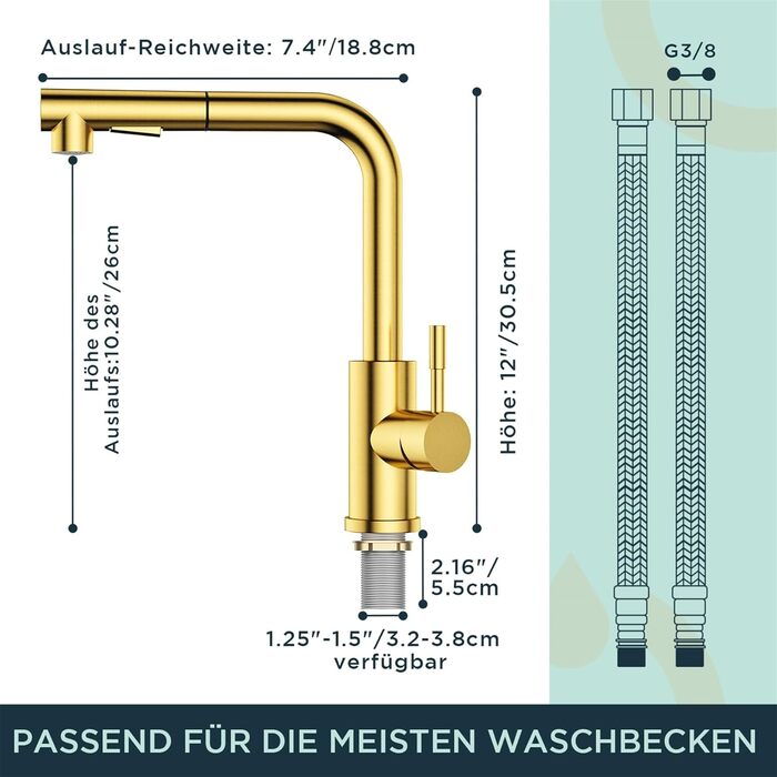 Змішувач для кухні FORIOUS з висувною лійкою та душем, 360° обертання, 2 режими, матовий золотий