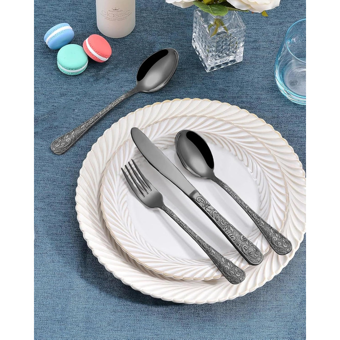 Набір столових приборів з нержавіючої сталі в вінтажному стилі на 6 осіб (чорний, 24 предмети) - ножі, виделки, ложки