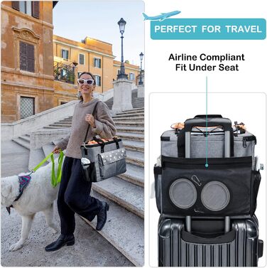 Сумка для собак у подорожі, схвалена авіакомпаніями, з контейнерами для корму та складними мисками (XL, сіра)