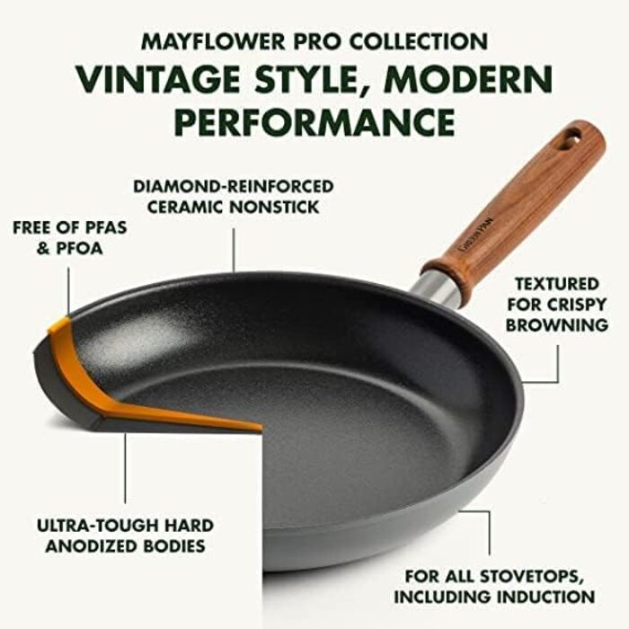 GreenPan Mayflower Pro Hard-Anodized Ceramic Non-Stick Coating, 5-Piece Cookware Set, Vintage Wood Handle, PFAS-Free, Induction-Compatible, Charcoal Gray Cookware Set 5-Piece
