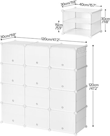 HOOBRO 8-Tier Shoe Rack, Shoe Cabinet, for 32 Pairs of Shoes, 40 x 30 x 30 cm per compartment, narrow, with doors, plastic, for living room, bedroom, hallway, entrance, White EWT28SC01G1 (12 compartments, 120 x 30 x 120 cm), White)