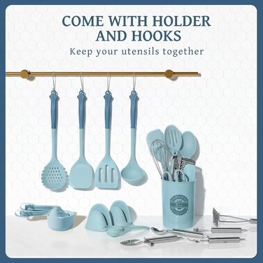 Набір кухонних аксесуарів Kikcoin 43 шт. – Силіконовий набір кухонних інструментів, безпечний для миття в посудомийній машині, лопатки для антипригарного посуду, стійкий до 230°C, кухонні помічники з підставкою, без BPA, колір: авокадо (блакитний)