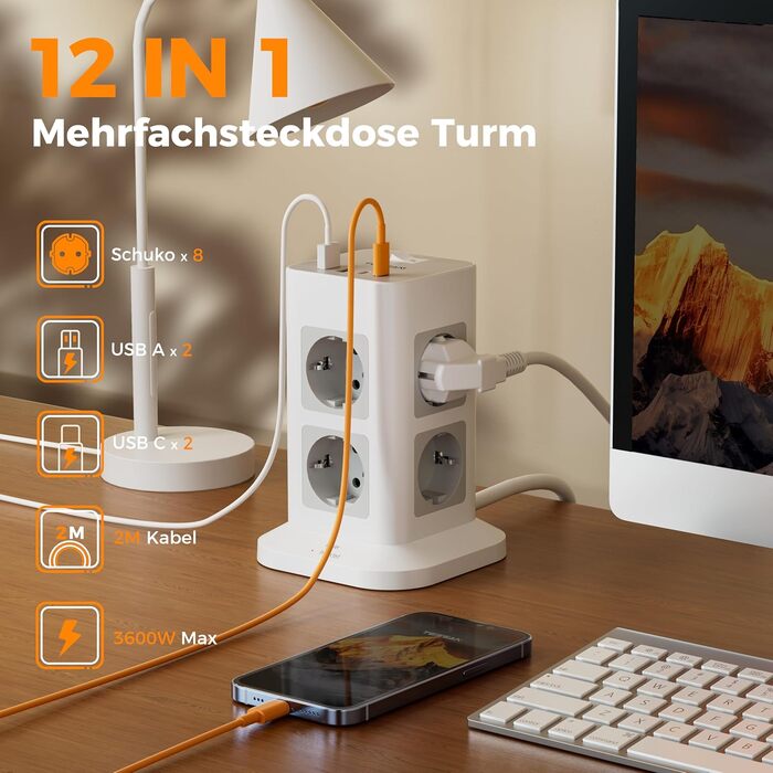 Розподільник розеток TESSAN з 8 розеток, 2 USB-C, захистом від перенапруги, 4 USB, вимикачем та кабелем 2м (сірий/білий)