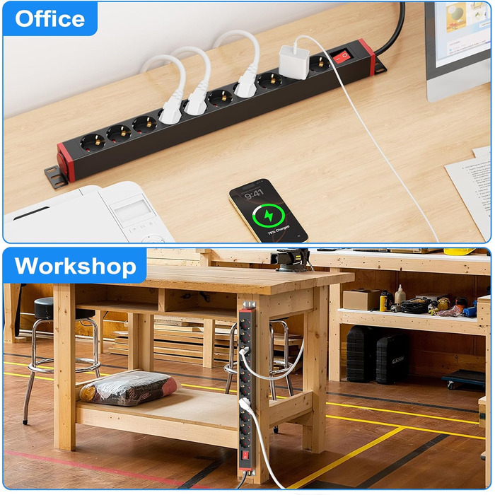 Мережевий фільтр 10 розеток з захистом від перенапруги, з вимикачем та поворотними кріпленнями, чорний, металевий корпус