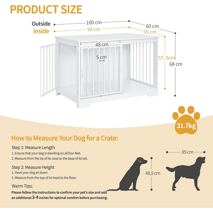 Клітка для собак Hzuaneri, 100 см, з розсувними дверима, дерев'яна, для дому, 100 x 60 x 68 см, білий колір