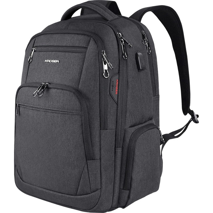 Рюкзак для ноутбука KROSER 17.3'' - бізнес, шкільний, для подорожей. З USB та RFID-кишенями (чорний)