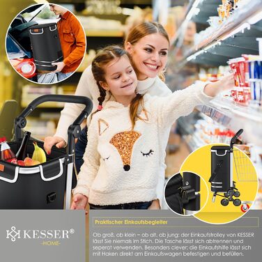 KESSER® Тележка для покупок зі сходами, з термосумкою, 56л, до 50кг | 3в1: тележка, візок, сумка через плече | Чорний