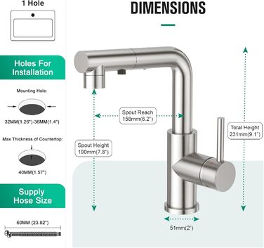 Кран кухонний CREA з 3 функціями, висувна лійка, поворот на 360°, матовий (з нержавіючої сталі)