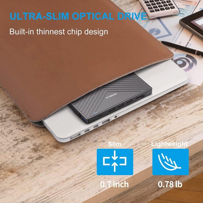 Зовнішній DVD-накопичувач ORIGBELIE з 4 USB та 2 TF/SD слотами, ультратонкий CD/DVD-привід (записувач та рідер) для ноутбука, PC, Mac, Windows 11/10/8/7, Linux