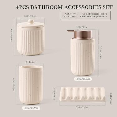 Набір для ванної кімнати з кераміки, 4 шт: мильниця, дозатор для мила, стакан для зубної пасти, контейнер для ватних паличок. Преміум якість, колір: абрикосовий з смужками