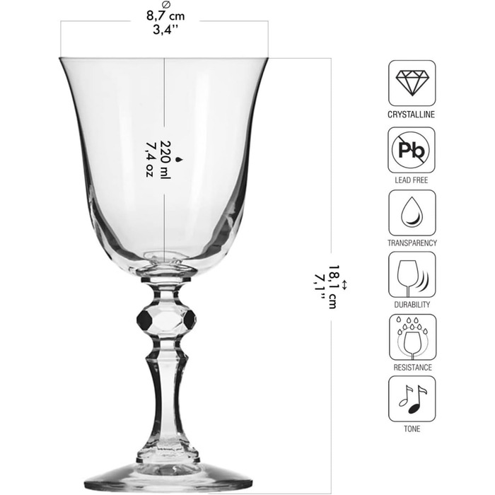 Набір келихів для вина Krosno Krista, 6 шт, 220 мл, кришталь, для дому, ресторану, свят, безпечно мити в посудомийній машині