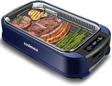 CUSIMAX Steak Grill | 1500W Table Grill Electric | BBQ Grill for Indoor and Outdoor Use | Electric Grill with Lid, Touchscreen Temperature Control, Oil Collection Tray, and Removable Grill Plate Blue