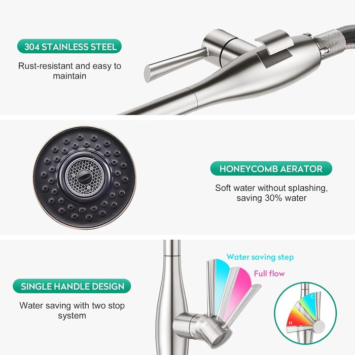 Кран кухонний CREA з 3 функціями: душ, висувна лійка, поворот 360°, нержавіюча сталь