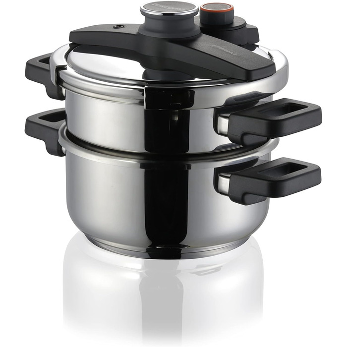 Каструля-скороварка Tescoma ULTIMA 6 л з індукційним дном, інтуїтивним регулюванням тиску та датчиком, 4-кратна безпека, з ситом, срібна