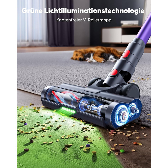 Бездротовий акумуляторний пилосос 600W, 50KPa, 65 хвилин роботи, з HD-дисплеєм, ароматерапією, контейнером 1,8L, світлодіодне освітлення, щітка для килимів, твердих поверхонь та шерсті тварин