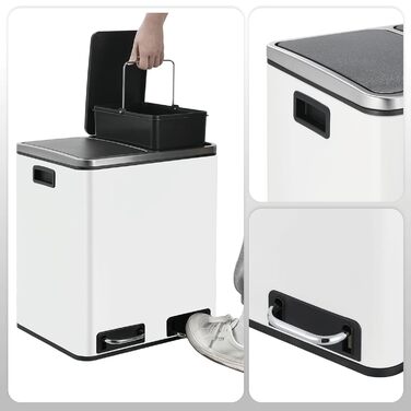 Відро для сміття LIFERUN з двома відсіками, 2 x 15 літрів, з металу, з м'яким закриттям кришки, знімний внутрішній відро, ручки, педальний відро, для квартири, невеликої сім'ї (білий)