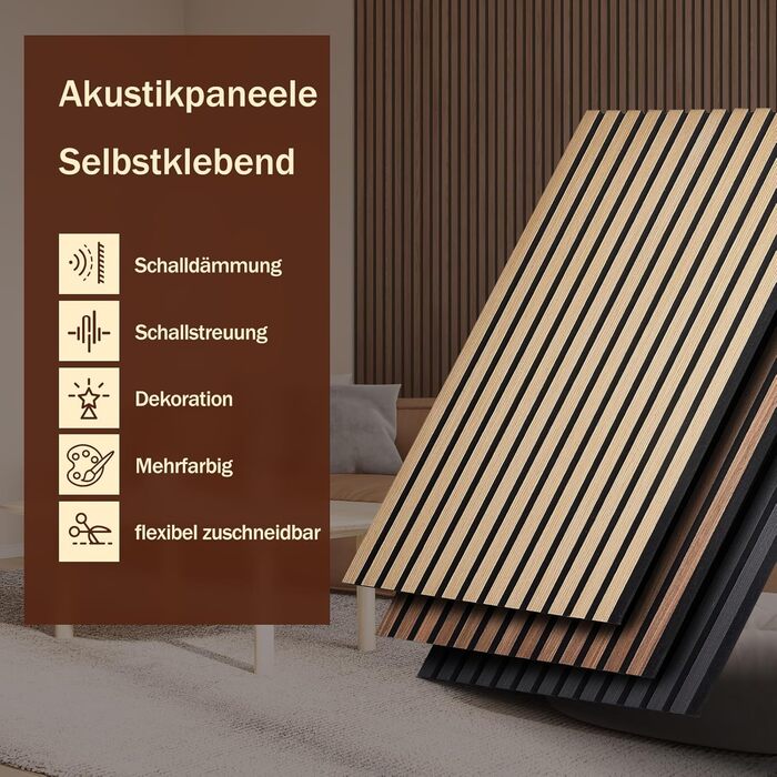 Акустичні панелі з дерев'яного шпону самоклеючі, набір 2 шт. 100x52 см, звукопоглинаючі стінові панелі для шумоізоляції та декору вітальні, офісу, коричневі