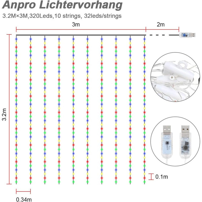 LED штора Anpro 3x3м, USB, 320 LED, 8 режимів, тепле світло - декор для дому