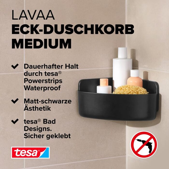 Полиця для душу tesa Lavaa M, чорна матова, настінна, без свердління, з водостійкими кріпленнями Powerstrips, 200x120x200 мм