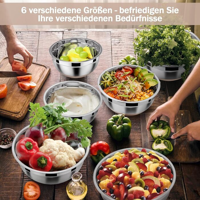 Homikit Mixing Bowl Set, Stainless Steel Bowl Salad Bowl 6-Piece Set with Airtight Lid & Khaki Silicone Bottom, Nesting, 4.6L/2.8L/2.5L/1.6L/1.2L/0.7L