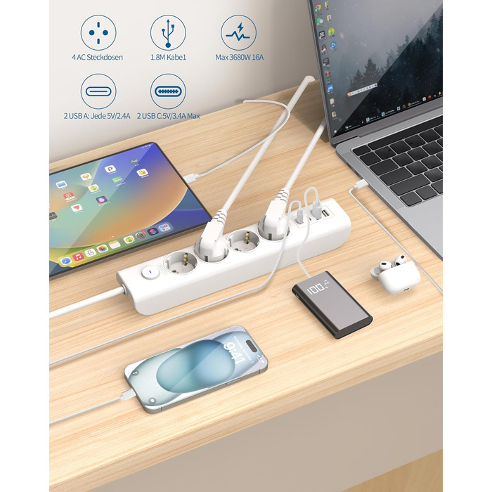 Мережевий фільтр Steckdose 8 в 1 з USB, 3680W з вимикачем, 16A з 2 USB-C, для смартфонів, ноутбуків, iPad, білий кабель 1.8м