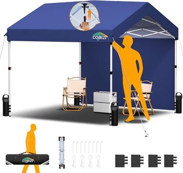 COBIZI Gazebo, Folding Gazebo, Waterproof and Stable, 275 cm Party Tent UV Protection 50+ Folding Gazebo with Waved Pattern for Camping, Beach, Family Gatherings (White) (Dark Blue, 3x3m with 1 Side Walls)