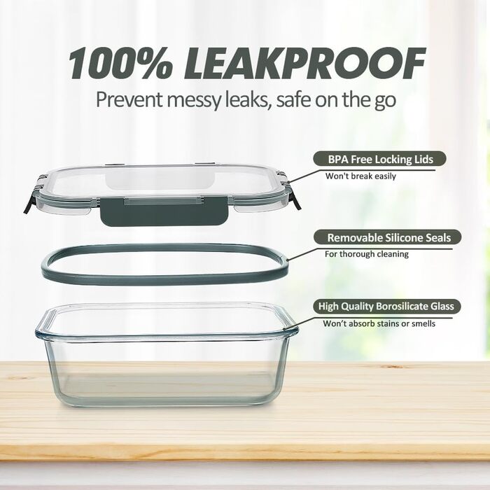 VERONES 24-Piece Crisper Set, Airtight Glass Lunch Boxes, Stackable with Lid, Freezer and Dishwasher Safe, Grey