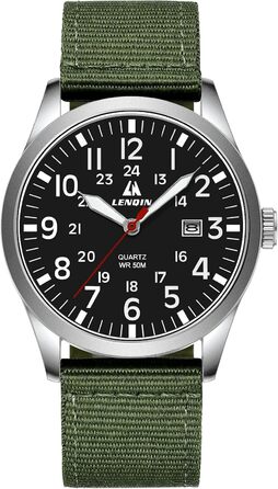 Годинники чоловічі LN LENQIN аналогові кварцові на нейлоновому ремінці, водостійкі 30M, з датою (зелені, срібні, чорні)