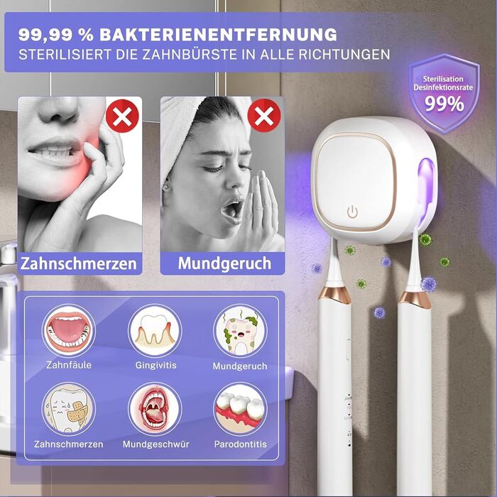 Maxspace UV Toothbrush Sanitizer, Wall-Mounted Toothbrush Holder with Drying, Rechargeable Toothbrush Sterilizer with 2 Slots for Family Use (White)