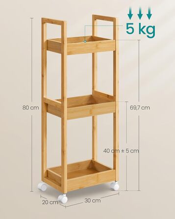 SONGMICS Rolling Cart, Bathroom Shelf, 3-Tier Bathroom Organizer, Bamboo Nook Shelf, Narrow Shelf, Rolling Utility Cart, Space-Saving, 20 x 30 x 80 cm, White BCB083W01 (Natural Beige)
