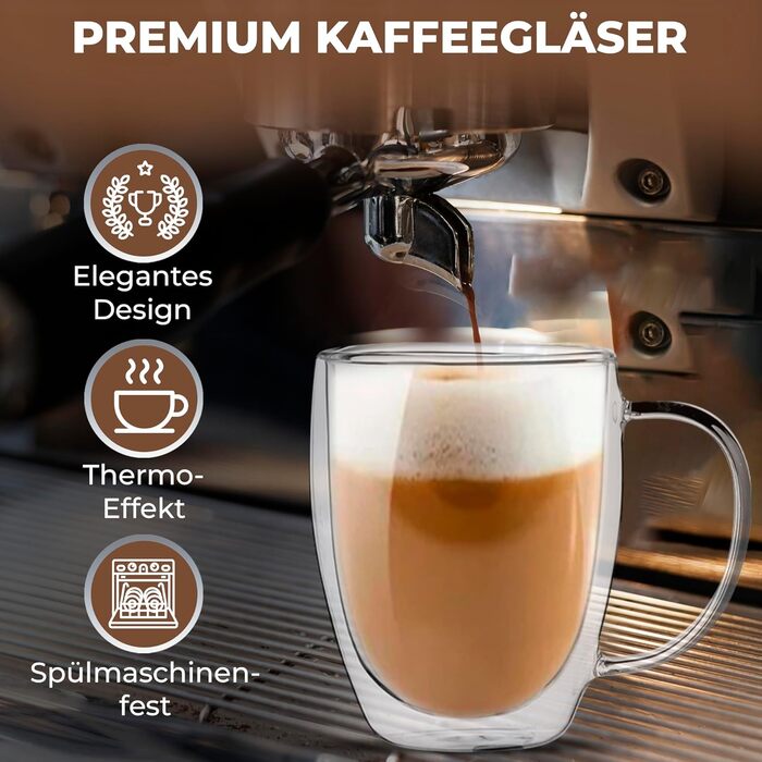 Набір склянок для лате макіато Zobel 350 мл (4 шт.) з ручкою, подвійні стінки, боросилікатне скло, з підставками та ложками, для посудомийної машини, термостійкі