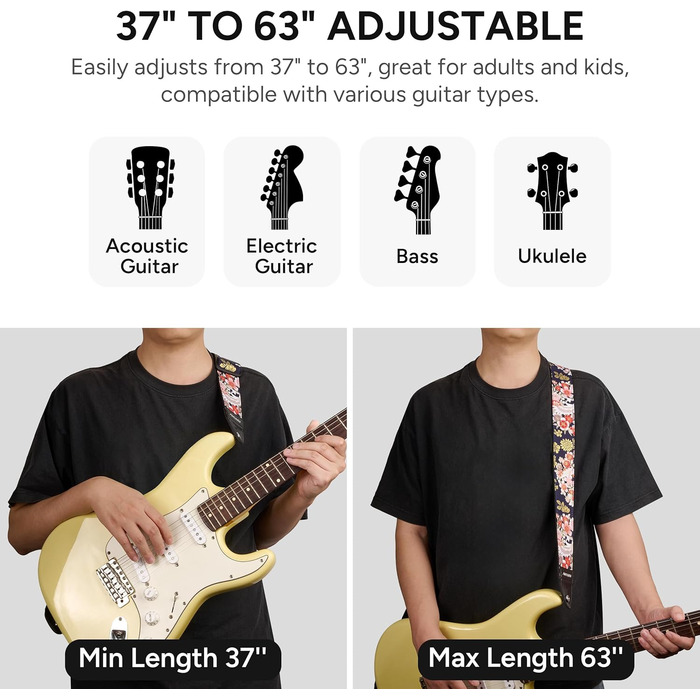 Гітарний ремінь Amumu з бавовни з вишивкою троянд та шкіряними кінцями для бас, електро та акустичної гітари, з фіксатором та блоками для ременя