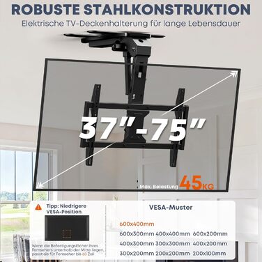 Електричний стельовий кронштейн для телевізора 37-75 дюймів, чорний - похилий, з пультом ДУ, до 45 кг