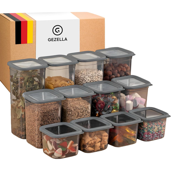 Герметичні контейнери для зберігання з кришкою [набір 12 шт] – Складні та економні контейнери для кухні – Ідеально підходять для борошна, макаронів, мюслі та іншого – Набір контейнерів для продуктів у антрацитовому кольорі