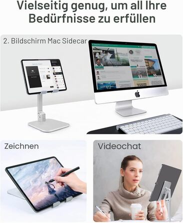 Алюмінієва підставка для iPad та планшетів Elitehood, регульована висота та кут нахилу, складана тримач-підставка для iPad Pro 12.9, Air, Mini, Samsung Galaxy Tab (4-13 дюймів), срібляста