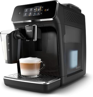 PHILIPS Domestic Appliances 2200 Series EP2231/40 Fully Automatic Coffee Machine, 3 Coffee Specialties (LatteGo Milk System) 1500 Watt, 1.8 Liter, 37.1 x 24.6 x 43.4 cm, Piano Black Latte Go 3 Coffee Specialties