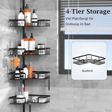 Поличка для душу Kegii без свердління, телескопічна поличка для кута, тримач для шампуню в душ, регульована висота, 4 шт., чорний